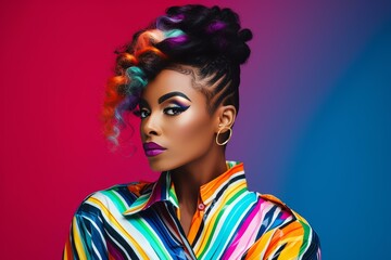 Fototapeta premium Studio portrait of a fashion model showcasing a vibrant look with colorful hair and makeup