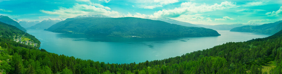 Obraz premium Panoramic view from above of the fjord. Innvikfjorden near Stryn, Norway, Europe