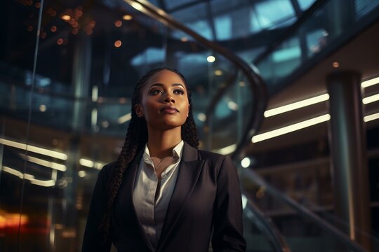 Portrait of an ambitious businesswoman standing in modern office atrium - Powered by Adobe