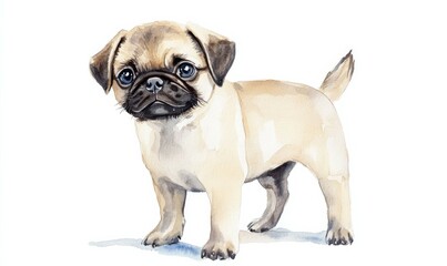 Obraz premium A pug puppy illustrated in watercolor, standing alone on a white surface.