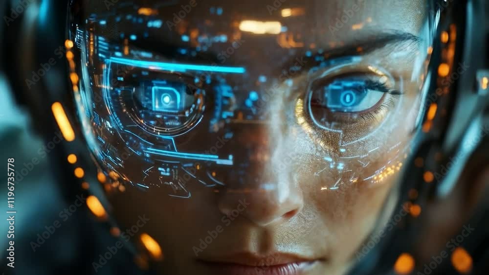 Poster A person engaged with cutting-edge technology showing intricate digital interfaces reflected on their visor.
