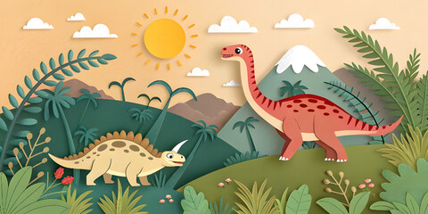 Cartoon dinosaurs and animals in a fun forest scene