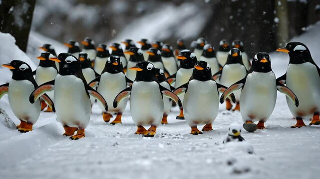 Group of penguins walking in the snow. The penguins are all black and white. The image has a peaceful and serene mood