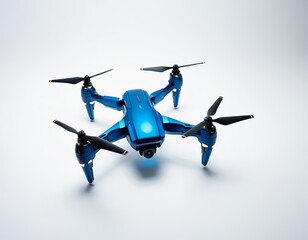 A vibrant blue drone with four propellers and a camera, showcased against a clean white backdrop.