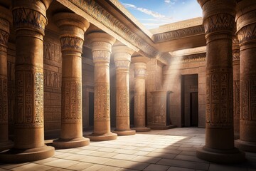 Sunlit Courtyard of an Ancient Egyptian Temple with Ornate Columns and Hieroglyphs Illuminated by Ray of Light
