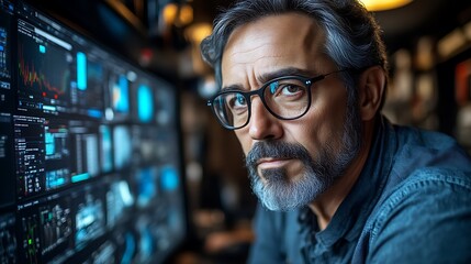 Obraz premium Focused mature man analyzing data on multiple screens.