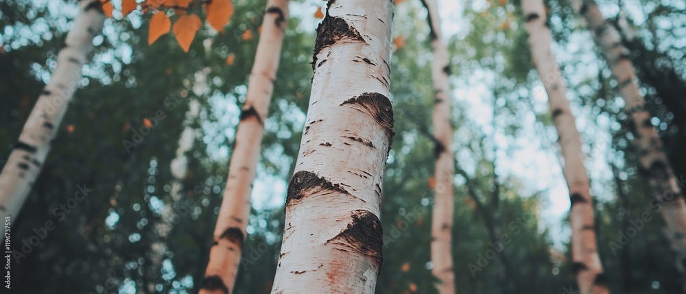 Poster birch wood with smooth grain and unique knots captured in a serene forest setting