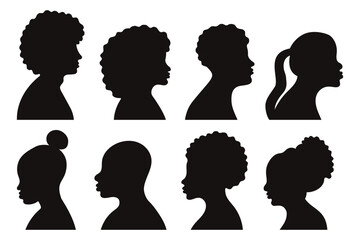 Black silhouette profile african american people set. Isolated portraits of women and men on white background. Vector illustration. Hand drawing