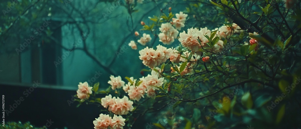 Poster blooming trees surrounded by lush greenery in a serene landscape during springtime