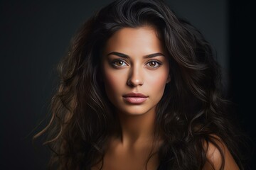 Fototapeta premium Studio portrait of beautiful young woman with long wavy brown hair and perfect makeup on dark background