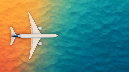 Airplane flying over colorful ocean waves aerial view travel art digital design