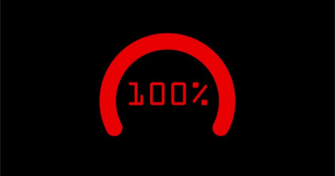 Battery charging Semicircular indicator transitions, red color in black background, with percentage increasing from 0% to 100%. 