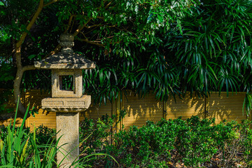 The photograph captures the serene ambiance of a traditional Japanese rock garden.  