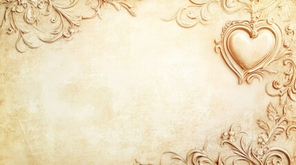 antique romance paper design, elaborate corner scrollwork, symmetrical heart-adorned border pattern, delicate filigree embellishments, aged parchment texture, vintage cream background, elegant