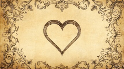 romantic vintage template, sophisticated corner ornaments, flowing heart-integrated border, detailed filigree patterns, aged cream parchment effect, classical decorative elements, elegant cursive