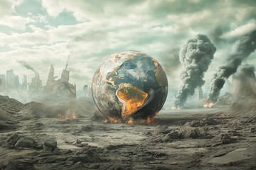 Burning earth in a destroyed post-apocalyptic world, symbolizing environmental damage and global warming