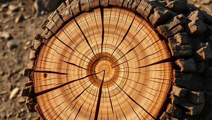 Close-up of a tree stump's cross-section, showcasing its rings and texture.