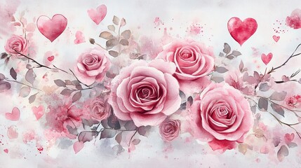 romantic floral composition, large detailed pink roses, misty watercolor background effects, scattered heart motifs, delicate branch silhouettes, soft petal details, ethereal botanical elements,