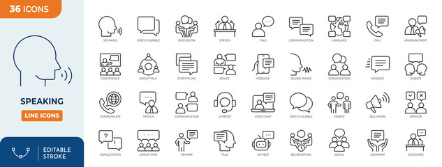 Speaking line editable icon set. Communication icons collection. Containing discussion, speech bubble, talking, consultation, conversation and more. vector illustration.