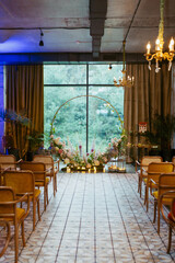  Modern stylish wedding ceremony decoration. Fairytale wedding. Vibrant colors, vintage style. The pastel colors flowers bouquet. Natural beautiful wedding