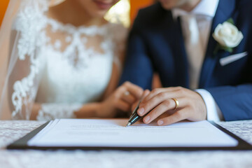 Groom holding a pen and reading prenuptial agreement with bride before signing