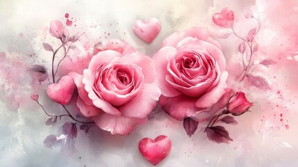 Fototapeta premium sophisticated floral design, highly detailed pink roses, ethereal watercolor effects, romantic heart embellishments, graceful branch patterns, soft gradient atmosphere, delicate paint splatter