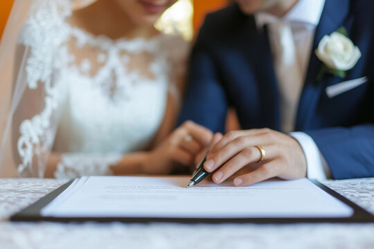 Groom holding a pen and reading prenuptial agreement with bride before signing