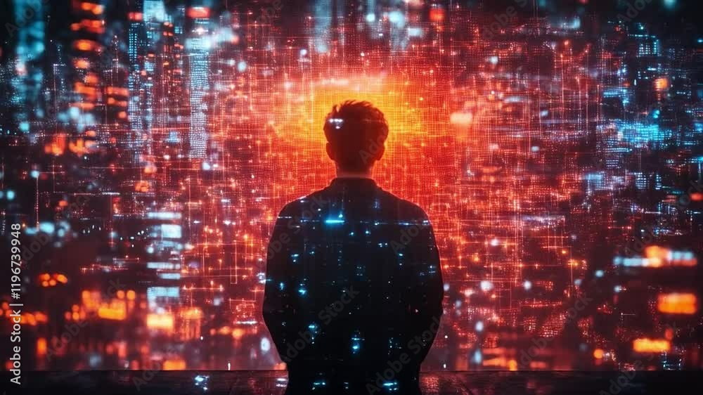 Leinwandbilder A person stands facing a vibrant digital display filled with data patterns and bright lights. This setting highlights the intersection of technology and cyber defense in a futuristic atmosphere.