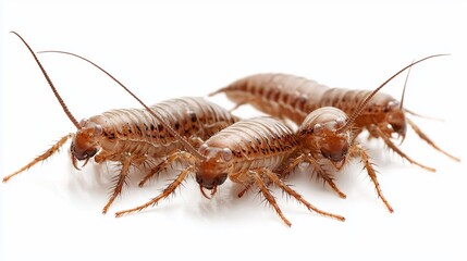 Fototapeta premium Three brown nymphs of a cockroach species on white background.