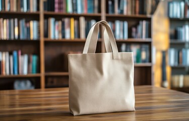 Beige Tote Bag on Wooden Table with Blurred Bookshelf Background