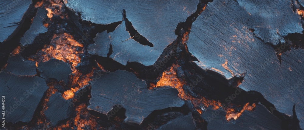 Poster detailed view of cracked surface of burned wood showing charred texture and deep fissures