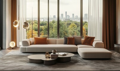 A snapshot of the living room reveals modern and sophisticated furniture, complemented by large windows that provide a panoramic view of the city skyline