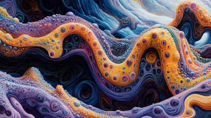 Colorful abstract patterns create mesmerizing wave like design, featuring vibrant swirls and intricate details that evoke sense of movement and depth