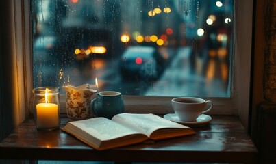 A snug cafe table set with a book, teacup, and candles, offering a view of a rainy city street through the window.