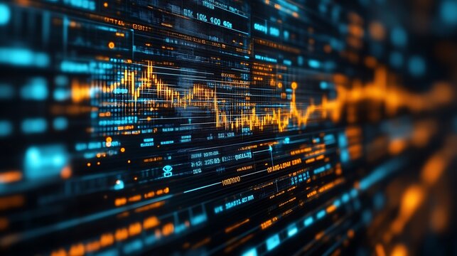 Abstract digital data stream with glowing orange and blue graphs and numbers. - Powered by Adobe