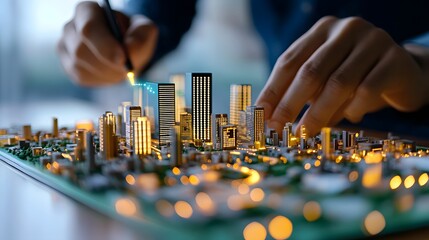 Obraz premium Urban Planner Examining Holographic Smart City Map with IoT Connectivity