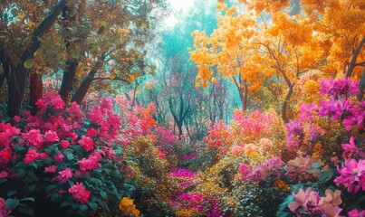 an enchanted forest in a fantasy land filled with vibrant multicolored flowers and trees peaceful landscapes