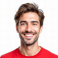 Fototapeta premium Smiling young man with styled hair wearing a red shirt, isolated on a white background 