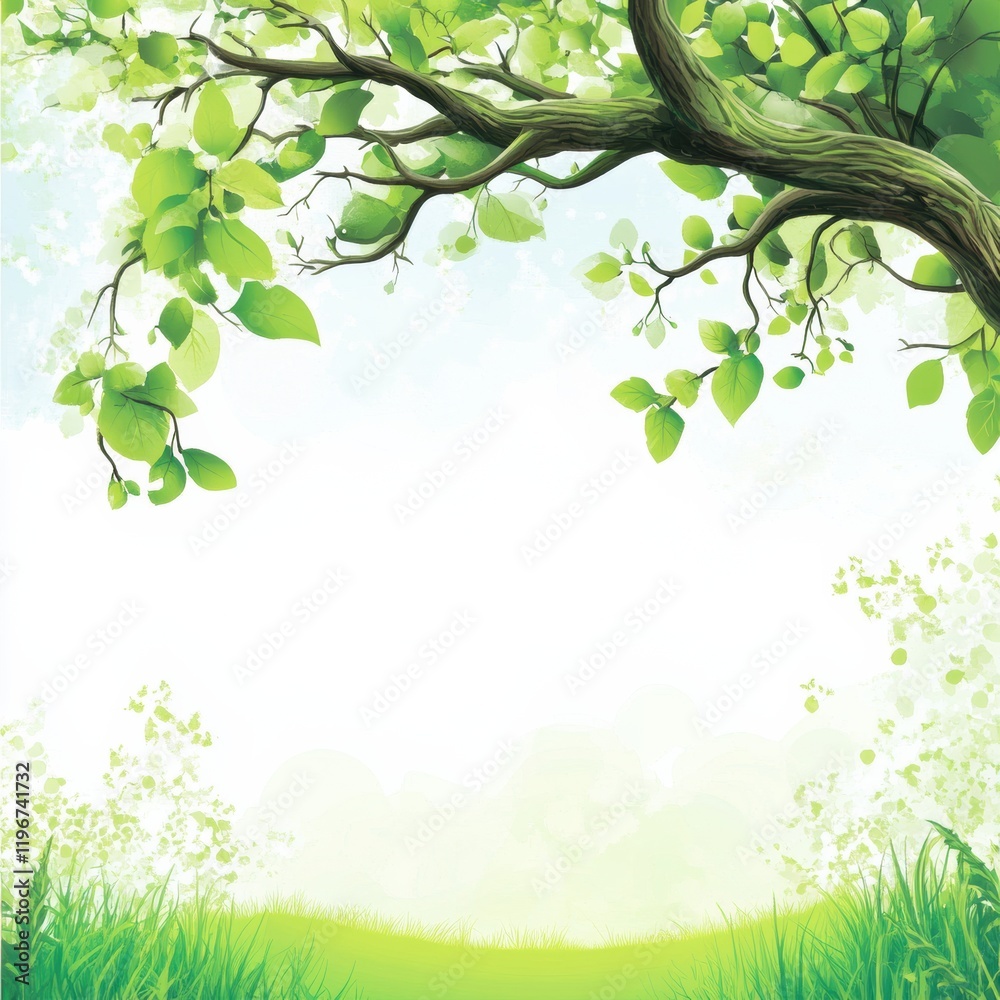 Poster Bright green branch with leaves in a tranquil natural setting with ample space for text overlay. Generative AI