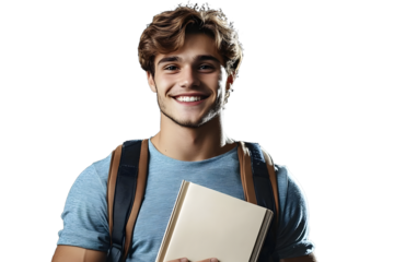 Smiling young male student holding a book and wearing a backpack, isolated on transparent background