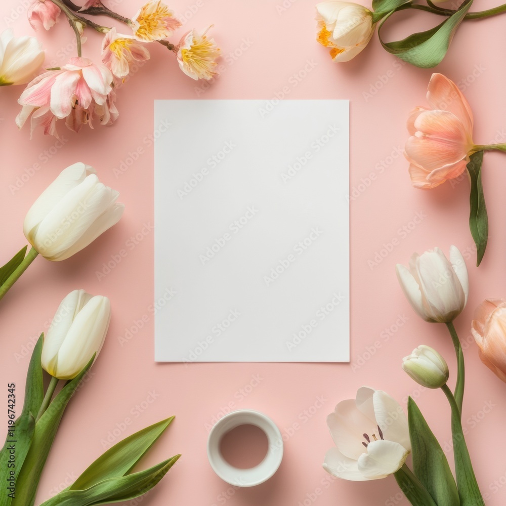 Poster blank paper surrounded by pastel flowers on a soft pink background for creative design and mock up. 