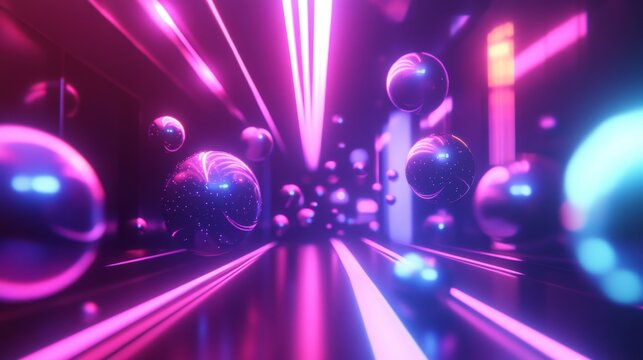 futuristic light field photography, scattered neon orbs, rainbow colored particles, blurred bokeh effect, dark void background, synthpop design elements, cyberpunk lighting, gradient color diffusion,