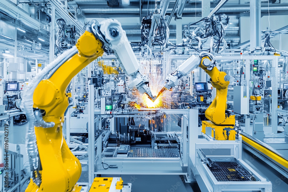 Poster robotic arms performing welding in a modern factory setting