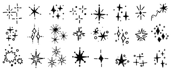 Hand drawn glitter star sparkling blinking spark doodle sketch scribble decorative scrapbook flare glare light vector illustrations