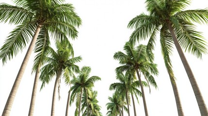 Obraz premium Lush palm trees line a sunny pathway in a tropical setting surrounded by bright blue sky