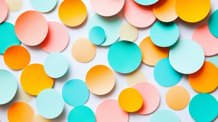 scattered paper confetti dots, pastel color palette, clean white backdrop, vibrant celebration composition, orange pink turquoise yellow circles, festive arrangement, macro photography, minimalist