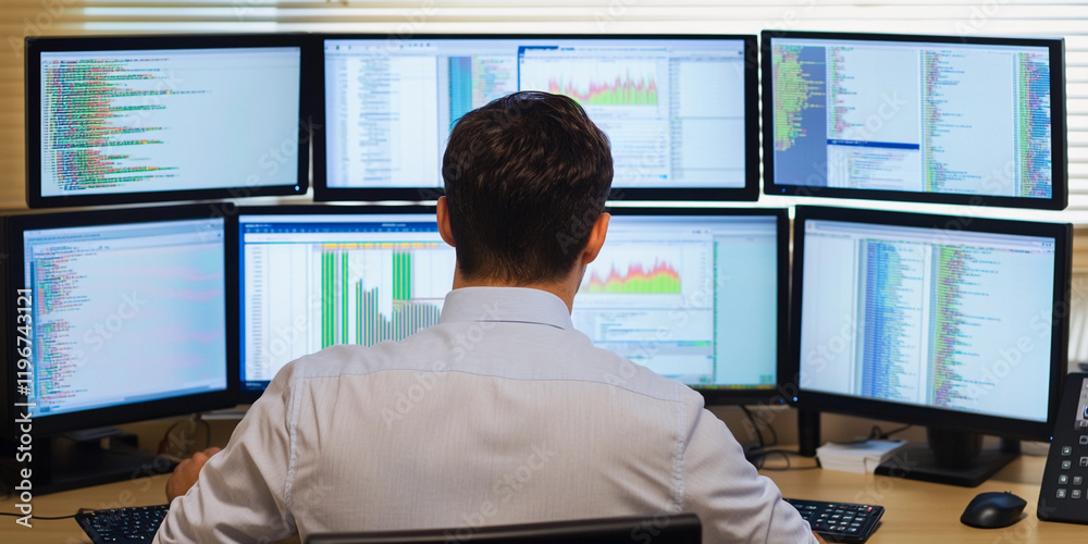 Poster Professional working at multiple computer monitors in an office