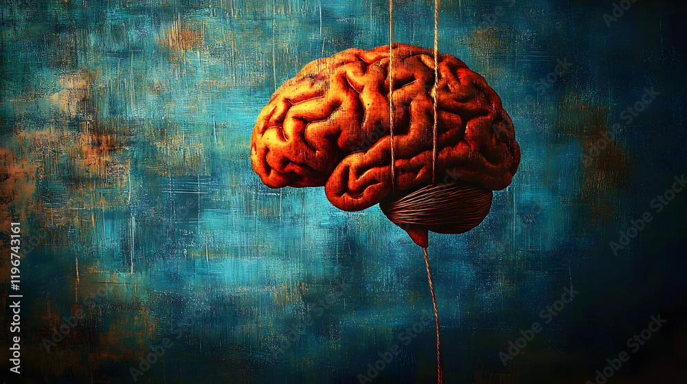 Poster vivid human brain against a rich textured background with string symbolizing control and creativity 