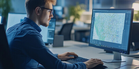 Professional working on computer in modern office environment