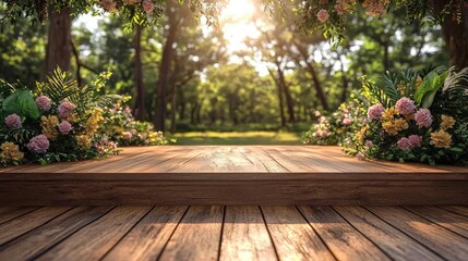 Fototapeta premium Sunlit Forest Landscape: Wooden Deck with Blooming Flowers, Peaceful Garden Scenery